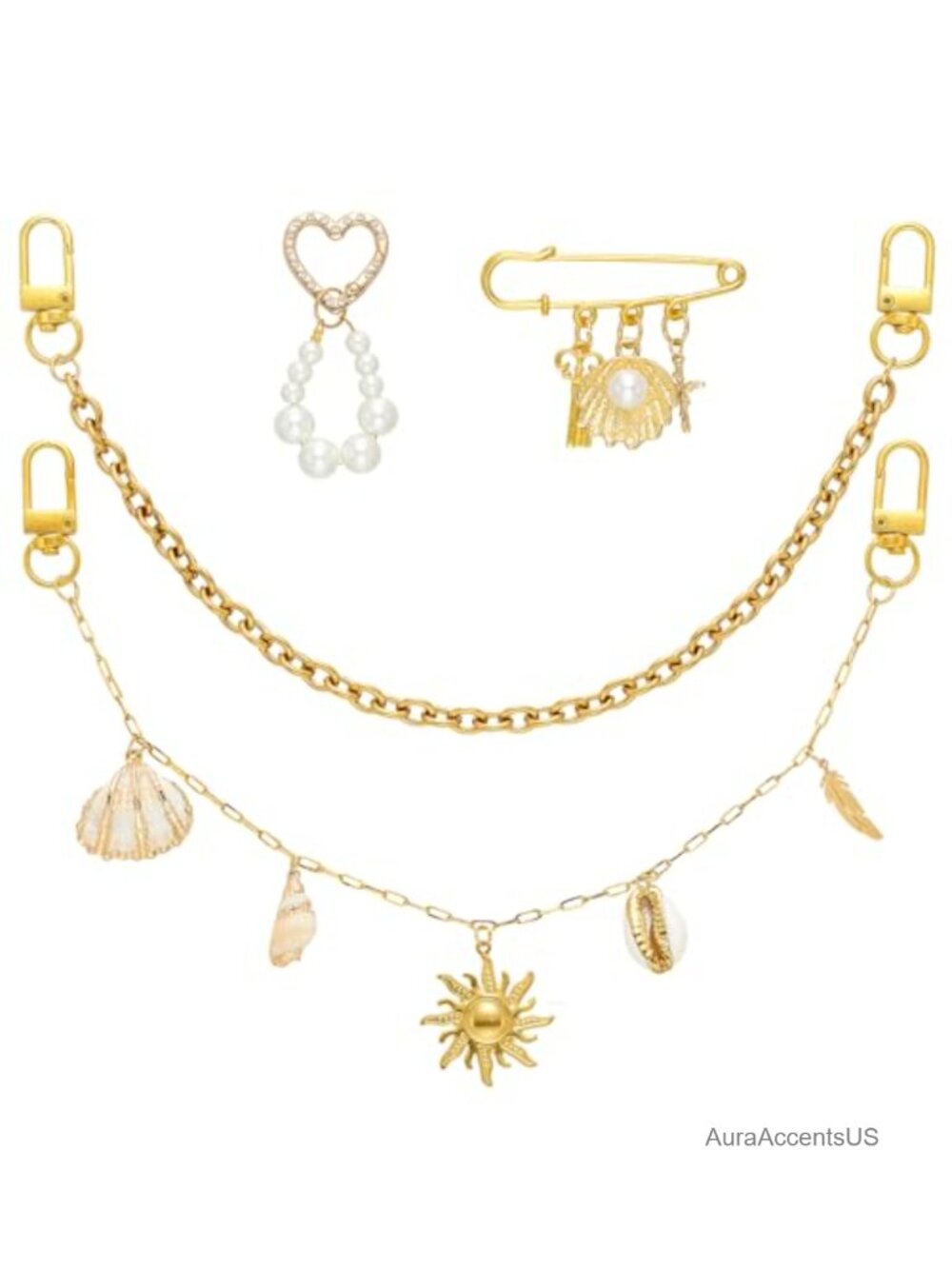 4 in 1 Gold Purse Chain Charms with Pearl and Shell Pendants for Handbags